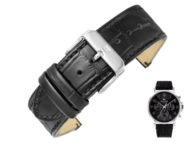 Oryginalny czarny pasek ze skóry naturalnej wzór aligatora do zegarka Tommy Hilfiger 1710381 o szerokości 22 mm